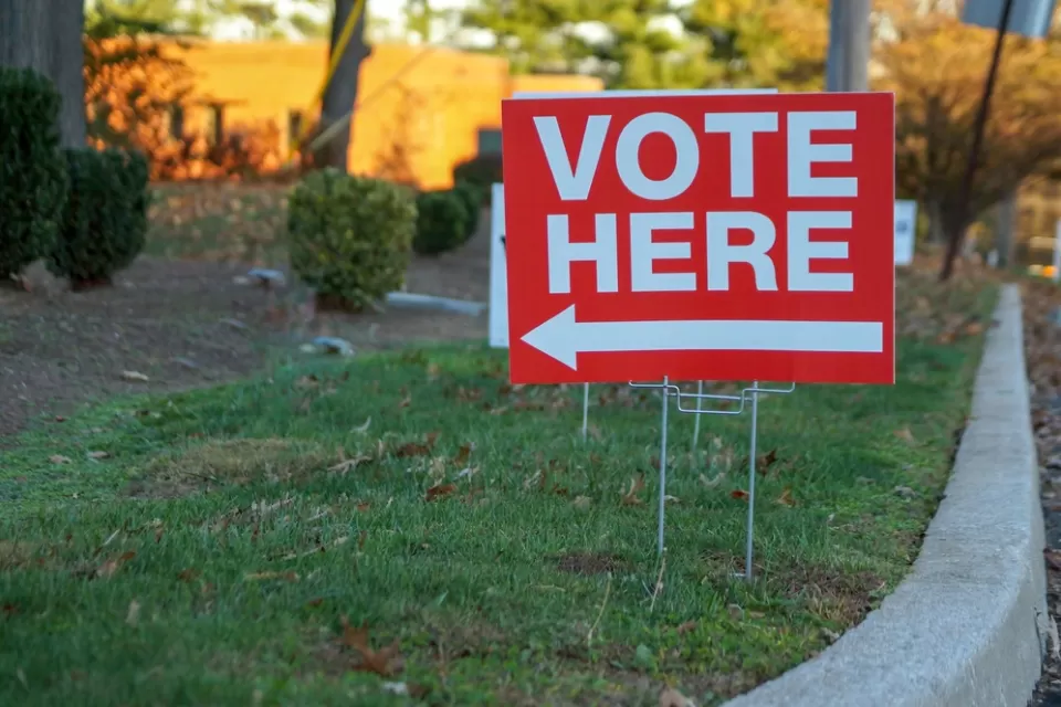 Red "Vote Here" sign with white text and arrow pointing left on green lawn next to curb